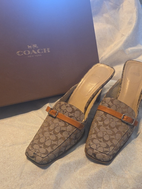 Coach Shoes - Coach Brown Signature Monogram Slip-On Mules with Tan Strap